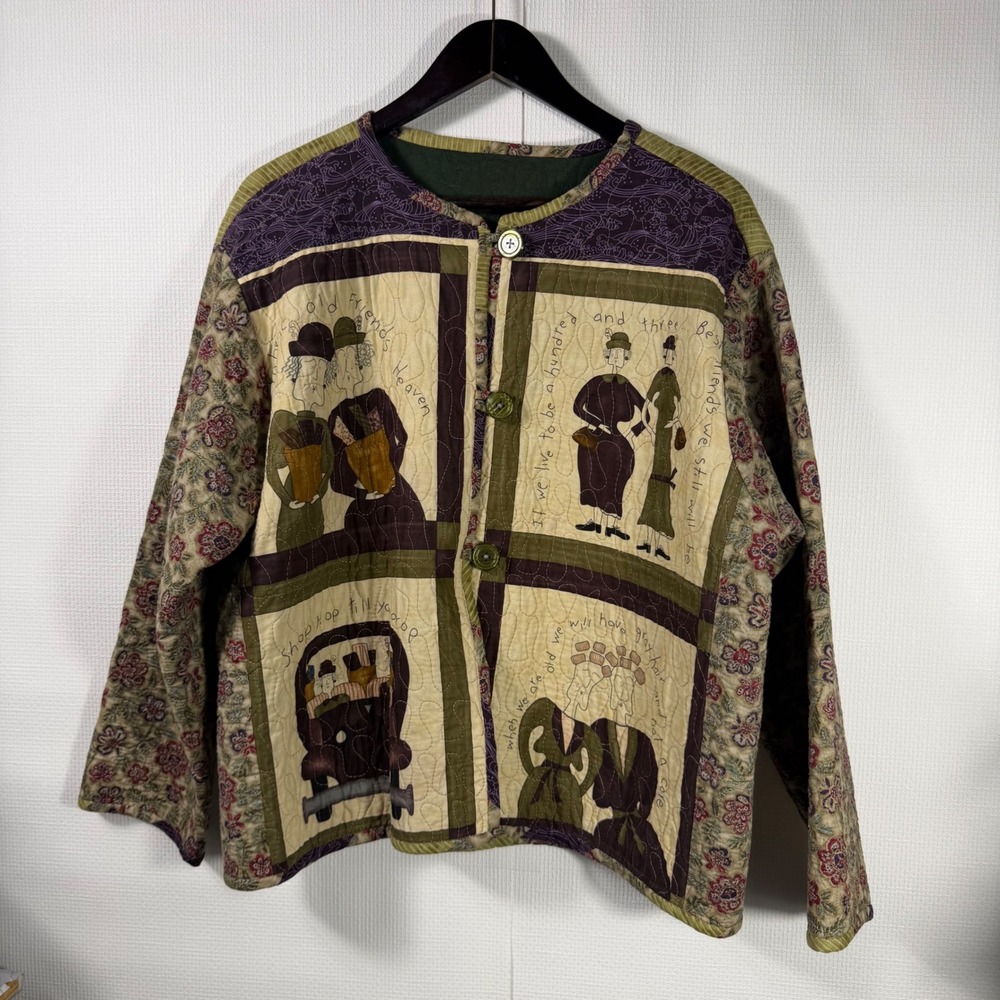 Vintage Quilted Patchwork Jacket Old Friends Folk Art Floral Green Purple